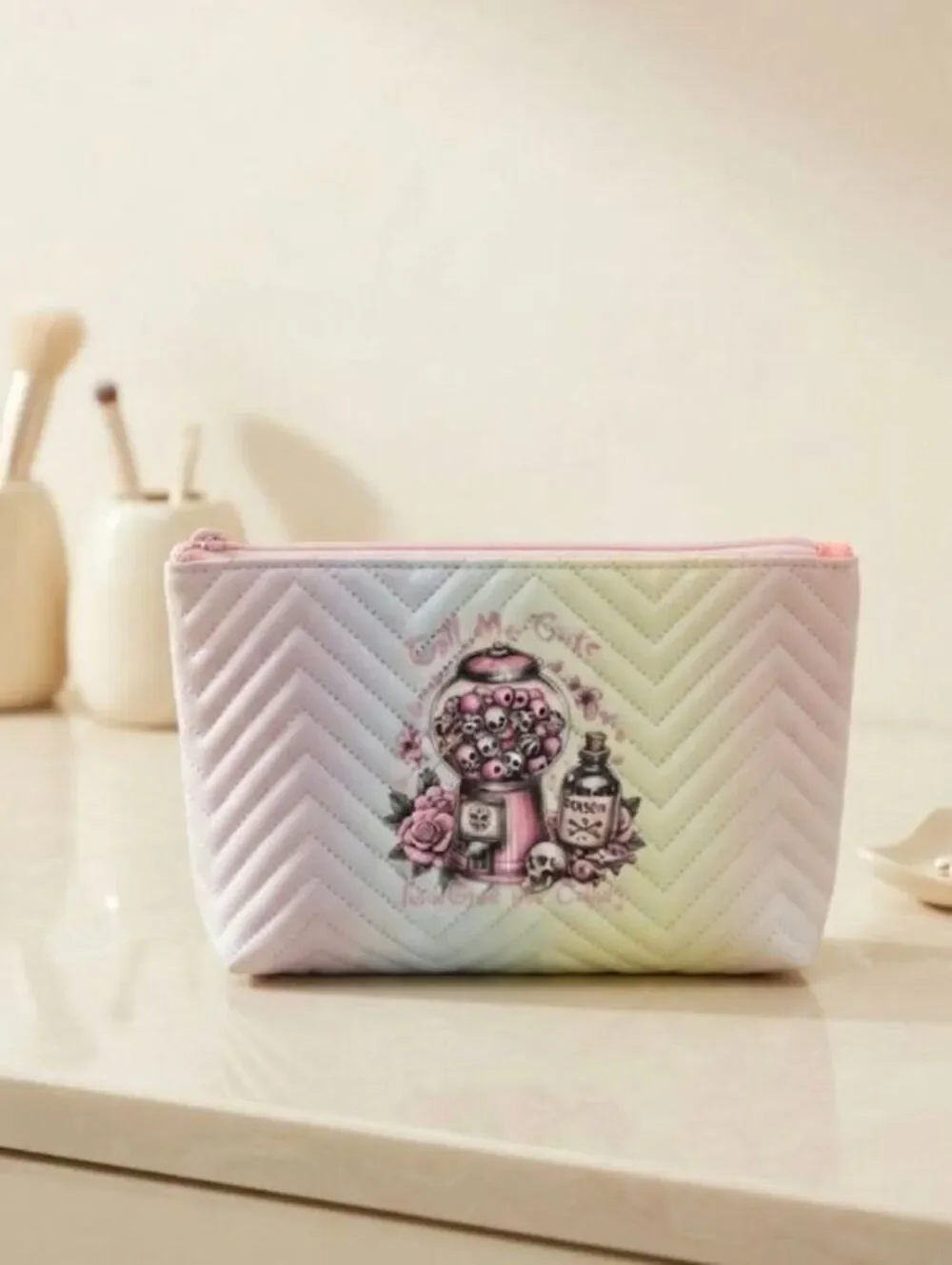 ombre rainbow skull candy & gumballs Cosmetic Pouch, pink zipper, handcrafted